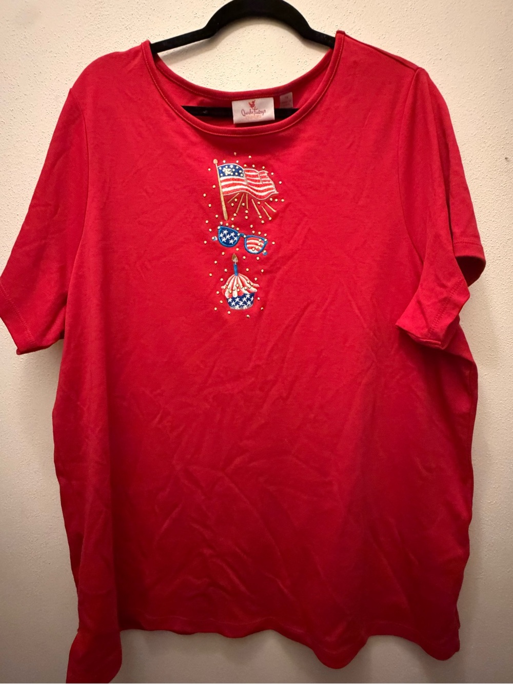Quacker Factory Red Short Sleeve Tee with Patriotic Embellishments